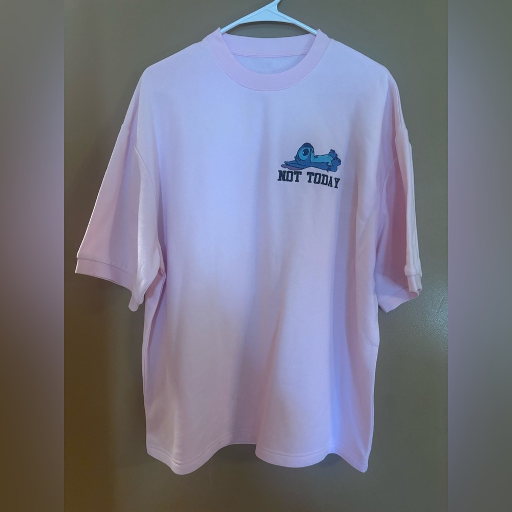 Pink Stitch Graphic Short Sleeve Sweatshirt Oversized Medium NWOT